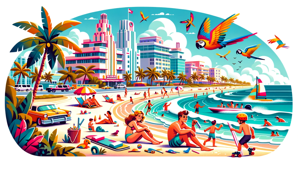 Cartoon Illustration Of A Vibrant Miami Beach Scene.