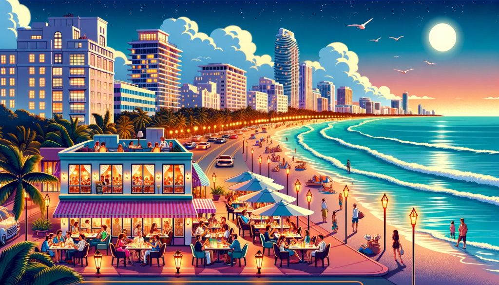 Cartoon Illustration Of A Vibrant Evening In Mid-Beach, Miami Beach.