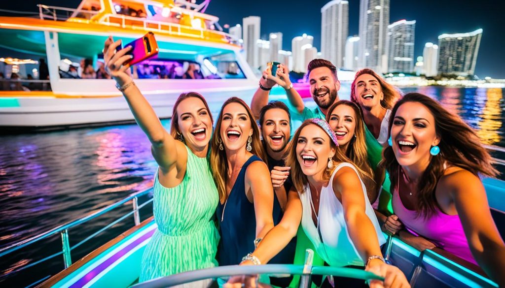 Excited guests on a party boat rental in Miami
